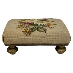 Swedish needlepoint Linen Fabric Covered Foot Rest Footstool Vintage Folk Art