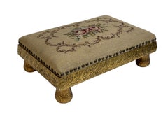 Swedish needlepoint Linen Fabric Covered Foot Rest Footstool Vintage Folk Art