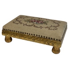 Swedish needlepoint Linen Fabric Covered Foot Rest Footstool Vintage Folk Art
