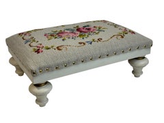 Swedish needlepoint Linen Fabric Covered Foot Rest Footstool Vintage Folk Art