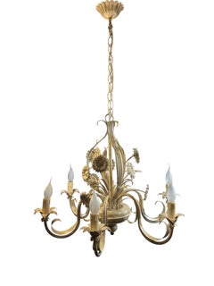 Gorgeous Iron Six Light White & Gilt Toleware Ceiling Light, Germany 1960s
