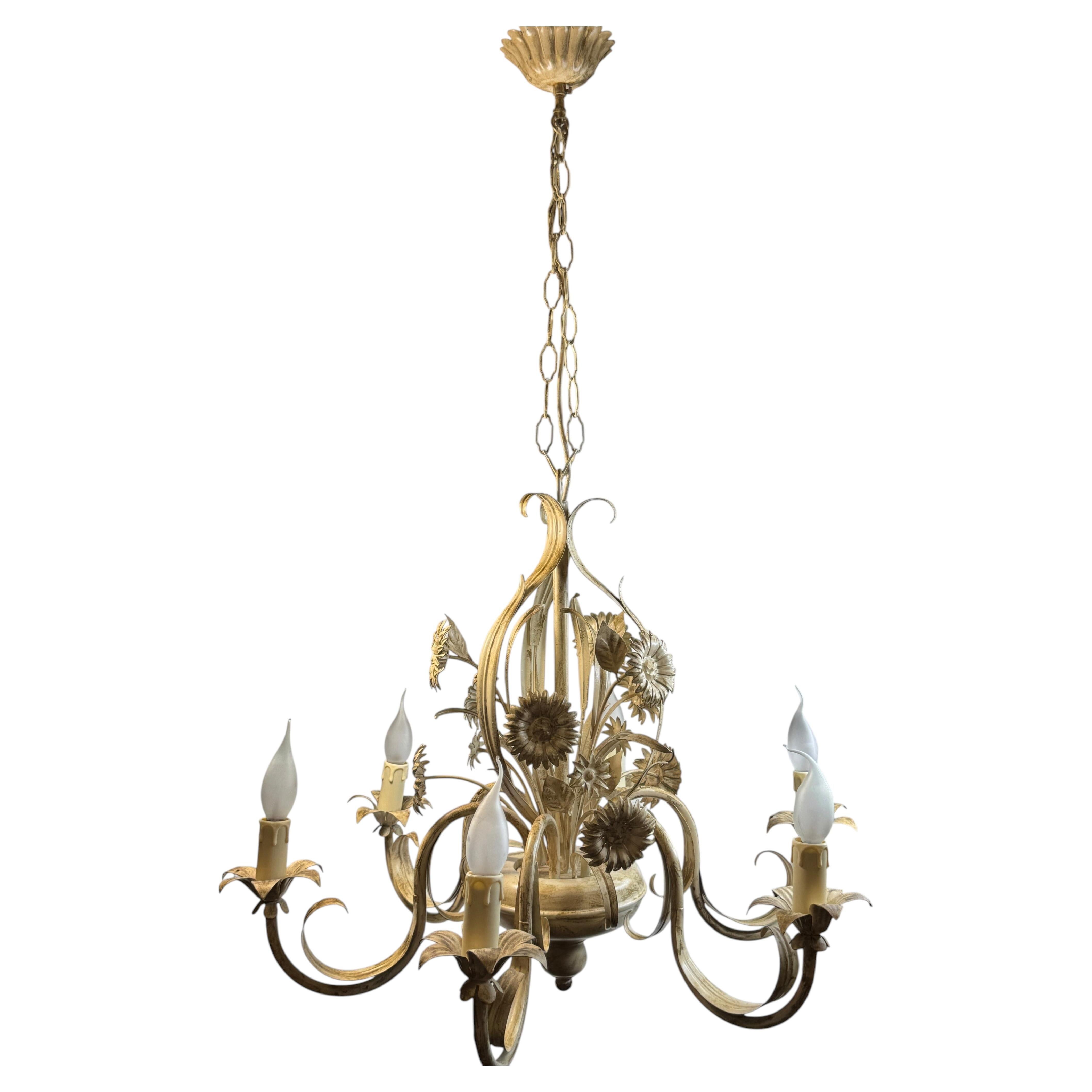 Gorgeous Iron Six Light White & Gilt Toleware Ceiling Light, Germany 1960s For Sale