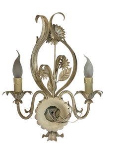 Pair of two Light White & Gilt Toleware Sconces Wall Lights, Germany 1960s