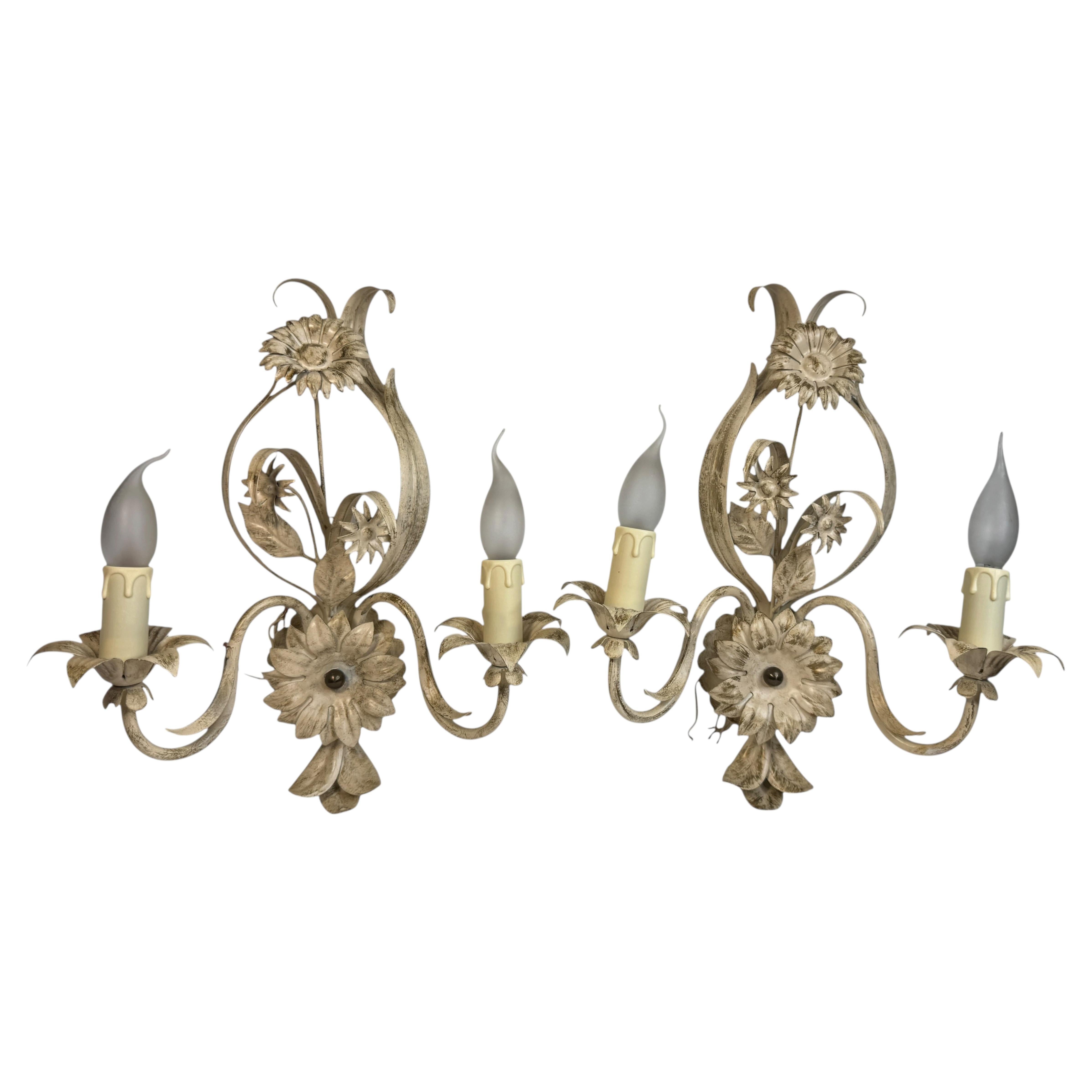 Pair of two Light White & Gilt Toleware Sconces Wall Lights, Germany 1960s For Sale