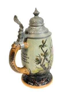 Antique 0.5 Liter Lidded Ceramic Beer Stein Gnome Tavern Scene Motif