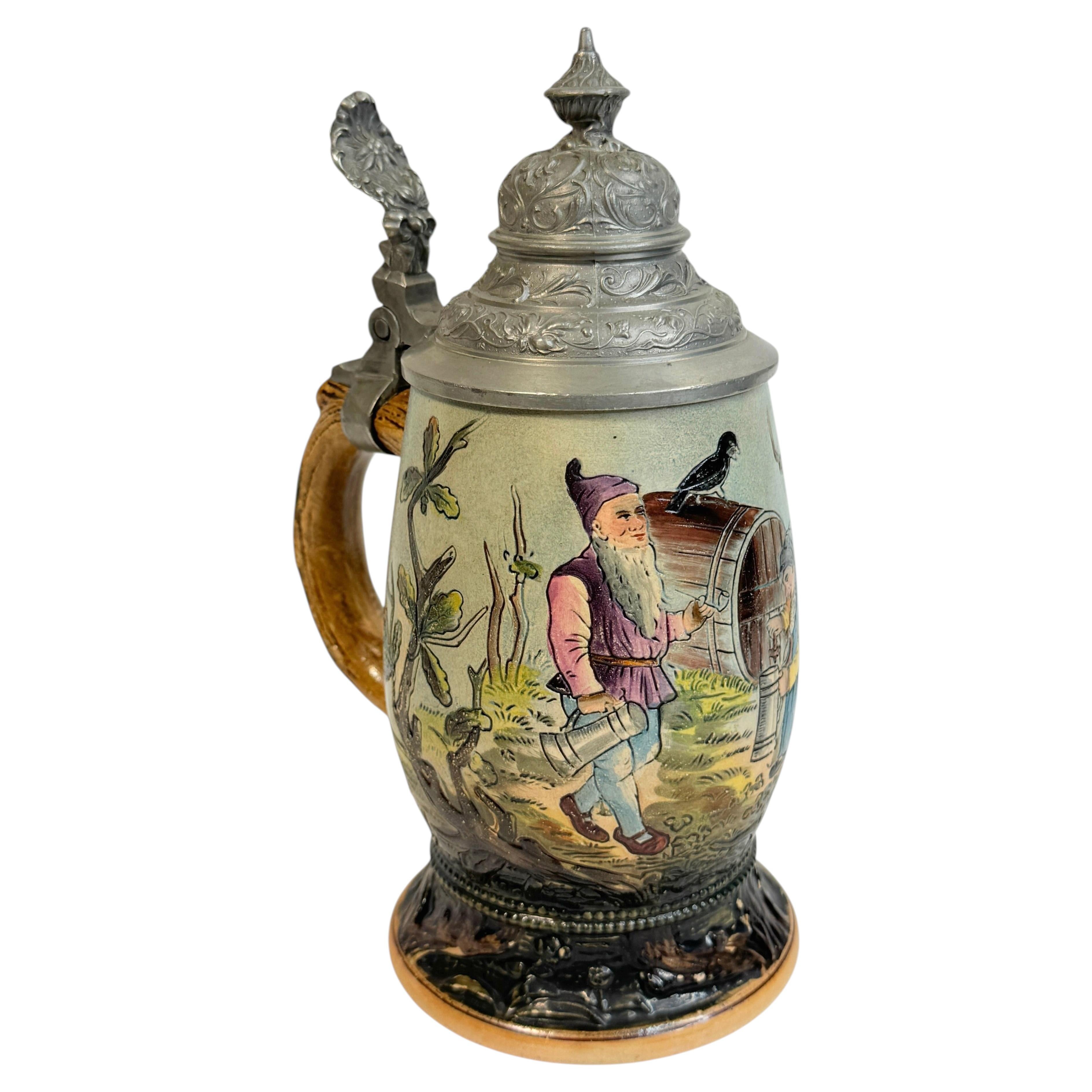 Antique 0.5 Liter Lidded Ceramic Beer Stein Gnome Tavern Scene Motif For Sale