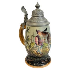 Antique 0.5 Liter Lidded Ceramic Beer Stein Gnome Tavern Scene Motif