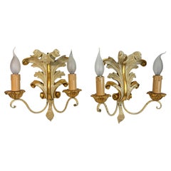 Gorgeous Pair of Gilt wood & Cream White Tole Toleware Florentine Style Sconces