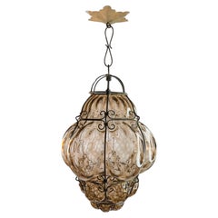 Beautiful Murano Iron Caged Amber Bubble Glass Pendant Light 1960s Italy vintage