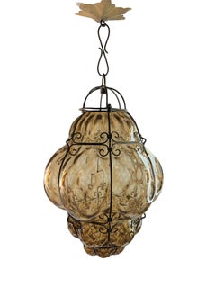 Beautiful Murano Iron Caged Amber Bubble Glass Pendant Light 1960s Italy vintage