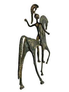 Monumental Patinated Etruscan Horse Bronze Sculpture Statue on Wooden Base 1970s
