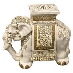Hollywood Regency Chinese Ceramic Gold Cream Color Elephant Garden Plant Stand
