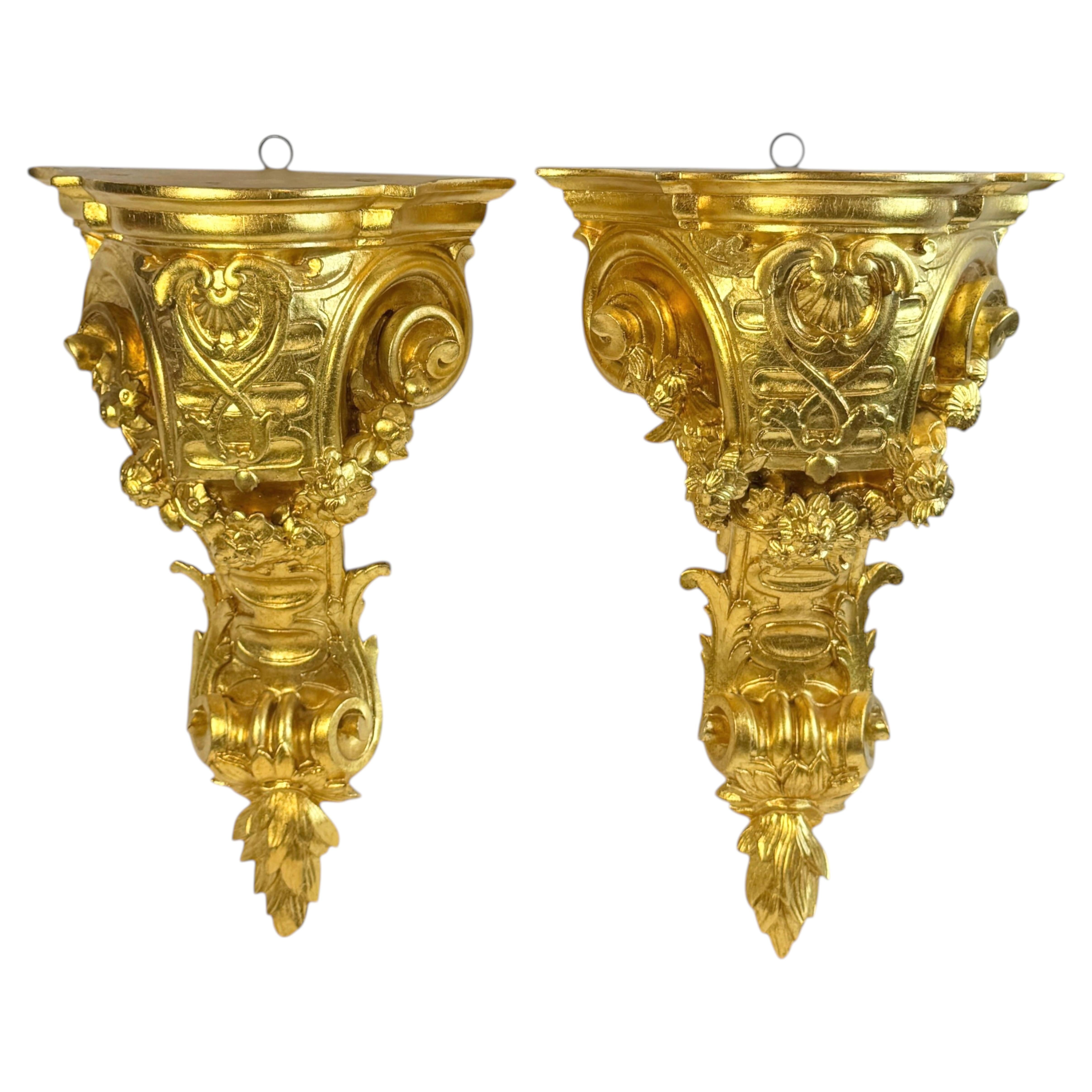 Pair Gilded Wall Console Shelves, Baroque Style, Early 20th Century For Sale