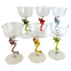 Juego de 6 copas de cóctel o de vino, con tallo con diseño de dragón, Bimini Art Glass Vintage Austria