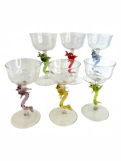 Juego de 6 copas de cóctel o de vino, con tallo con diseño de dragón, Bimini Art Glass Vintage Austria