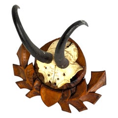 Black Forest Hand Carved Folk Art Chamois Antler Trophy, Dated 1916