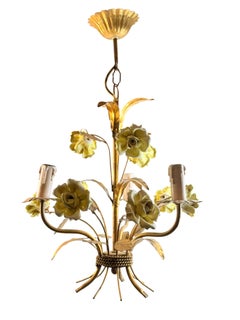 Petite Italian Ceramic Roses Three-Light Tole Chandelier Gilded Metal