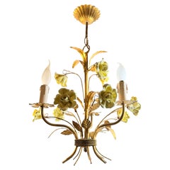 Petite Italian Ceramic Roses Three-Light Tole Chandelier Gilded Metal