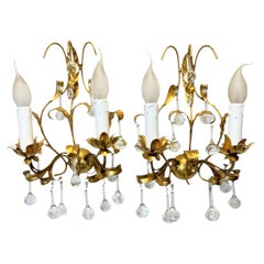 Pair of Gilt & Glass Drops Tole Toleware Hollywood Regency Sconces, Italy 1960s