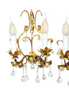 Pair of Gilt & Glass Drops Tole Toleware Hollywood Regency Sconces, Italy 1960s