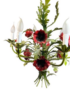 Monumental Italian Tole Floral Poppy 6 Light Chandelier, Hand-Painted, 1960s