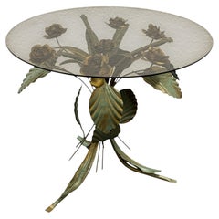 Italian Hollywood Regency Gilt & Verdigris Rose Flower Side Table, 1950s