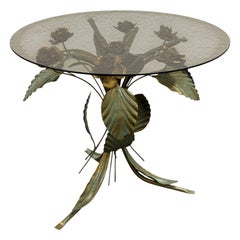 Italian Hollywood Regency Gilt & Verdigris Rose Flower Side Table, 1950s