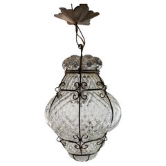 Beautiful Murano Iron Caged clear Bubble Glass Pendant Light 1960s Italy vintage