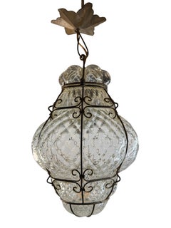 Beautiful Murano Iron Caged clear Bubble Glass Pendant Light 1960s Italy vintage