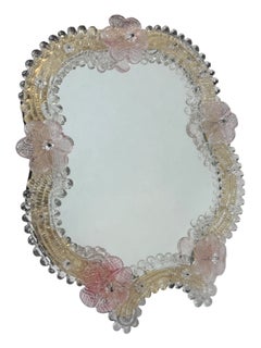Pequeño espejo de pared y de mesa de cristal de Murano con flores rosas, de los años 60, Italia, Venecia