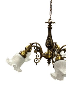 Gorgeous burnished patinated Metal & Glas Shade Five Light Chandelier, 1970s