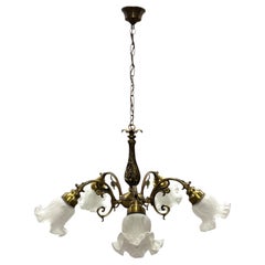Gorgeous burnished patinated Metal & Glas Shade Five Light Chandelier, 1970s