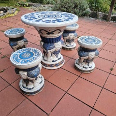 Mid-20th Century Glazed Ceramic Elephant Garden Stool and Table Set