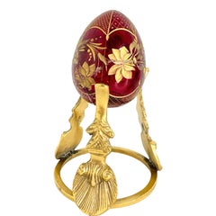 Vintage Russian Style Red & Gold Glass Egg with Etched Leaves Garnishment