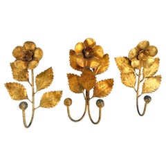 Set of three Italian Florentine Gold Gilt Metal Flower Coat Hook Toleware Tole