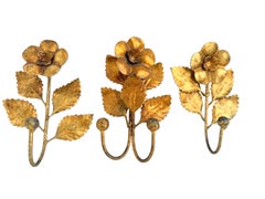Set of three Italian Florentine Gold Gilt Metal Flower Coat Hook Toleware Tole