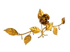 Gilt Metal Tole Rose Flower Key Hanger Wall Hook, Italy Vintage, 1950s