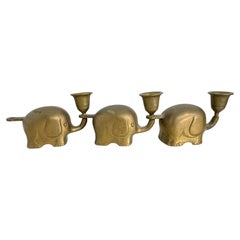 Very Rare Set of Three Art Deco Brass Candlesticks Candleholders Elephant Herd