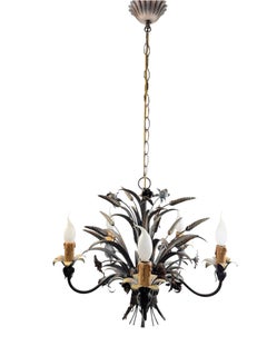 Five-Light Gilt & Burnished Metal Wheat Sheaf Tole Chandelier Coco Chanel Style