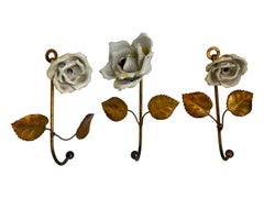 Set of 3 Italian Florentine Porcelain Rose & Gilt Metal Coat Hook Toleware Tole