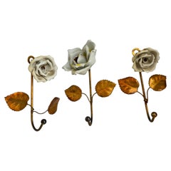 Set of 3 Italian Florentine Porcelain Rose & Gilt Metal Coat Hook Toleware Tole