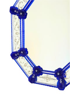 Eccezionale specchio da parete in vetro di Murano con fiori blu reale, anni ’80, Italia, Venezia