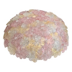 1960s Petite Flush Mount Chandelier by Barovier & Toso, pink, clear gold Flowers