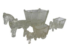 Set of three Wheeled Cart Pony Donkey Glass Candy Container Catchall, Sweden