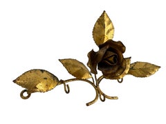 Gilt Metal Tole Rose Flower Key Hanger Wall Hook, Italy Vintage, 1950s