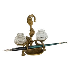 Antique French Desk Accessory, Ormolu, Cut Glass and a Quill Pen