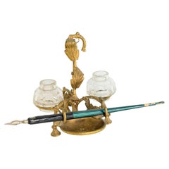 Antique French Desk Accessory, Ormolu, Cut Glass and a Quill Pen