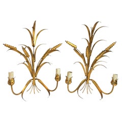 Pair of Wheat Sheaf Two-Light Gilded Tole Sconces Vintage Italy 1950s