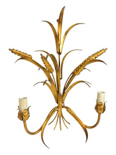 Pair of Wheat Sheaf Two-Light Gilded Tole Sconces Vintage Italy 1950s