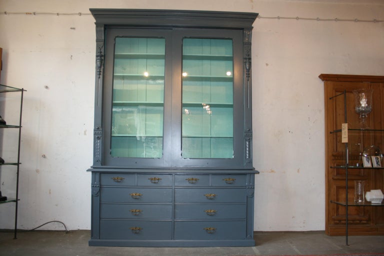Large Antique Display Cabinet With Sliding Doors Handpainted Blue Large Antique Display Cabinet With Sliding Doors Handpainted Blue For 8
